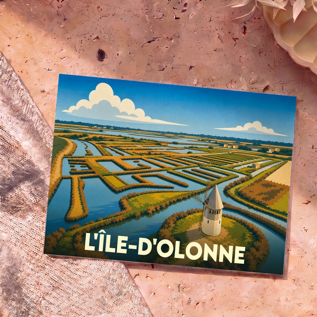 Carte postale souvenir de la ville de L'Île-d'Olonne représentant une illustration stylisée de ses marais salants et d'un moulin.
