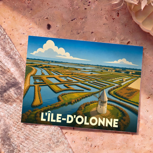Carte postale souvenir de la ville de L'Île-d'Olonne représentant une illustration stylisée de ses marais salants et d'un moulin.
