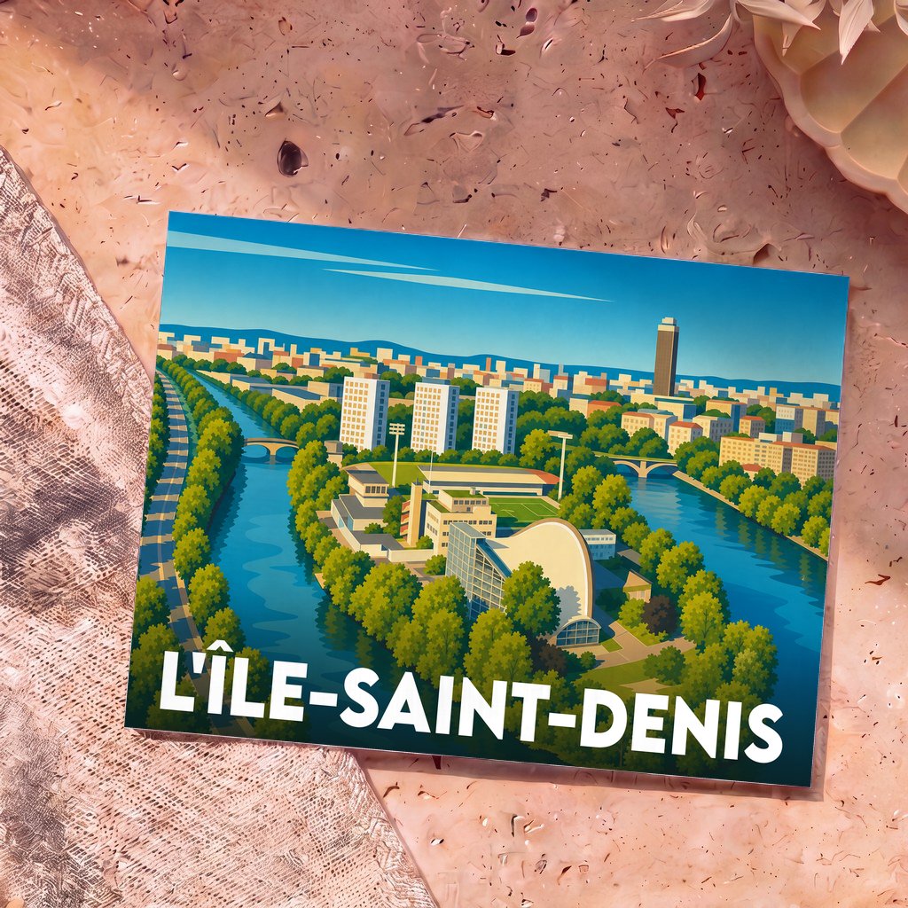 Carte postale souvenir de L'Île-Saint-Denis avec une illustration stylisée et colorée de la ville en bord de Seine.