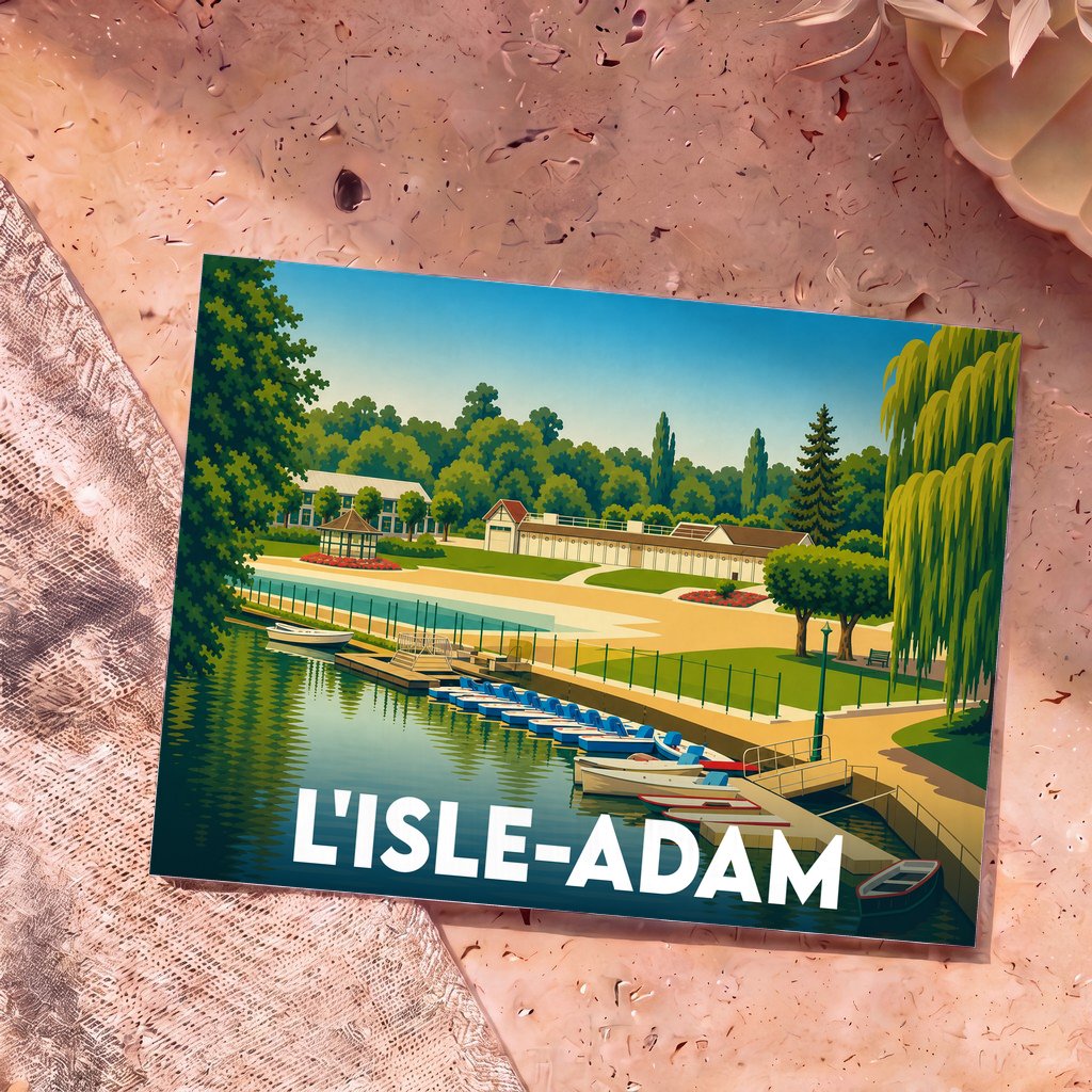 Carte postale souvenir de la ville de L'Isle-Adam avec une illustration stylisée de sa plage fluviale et ses barques.