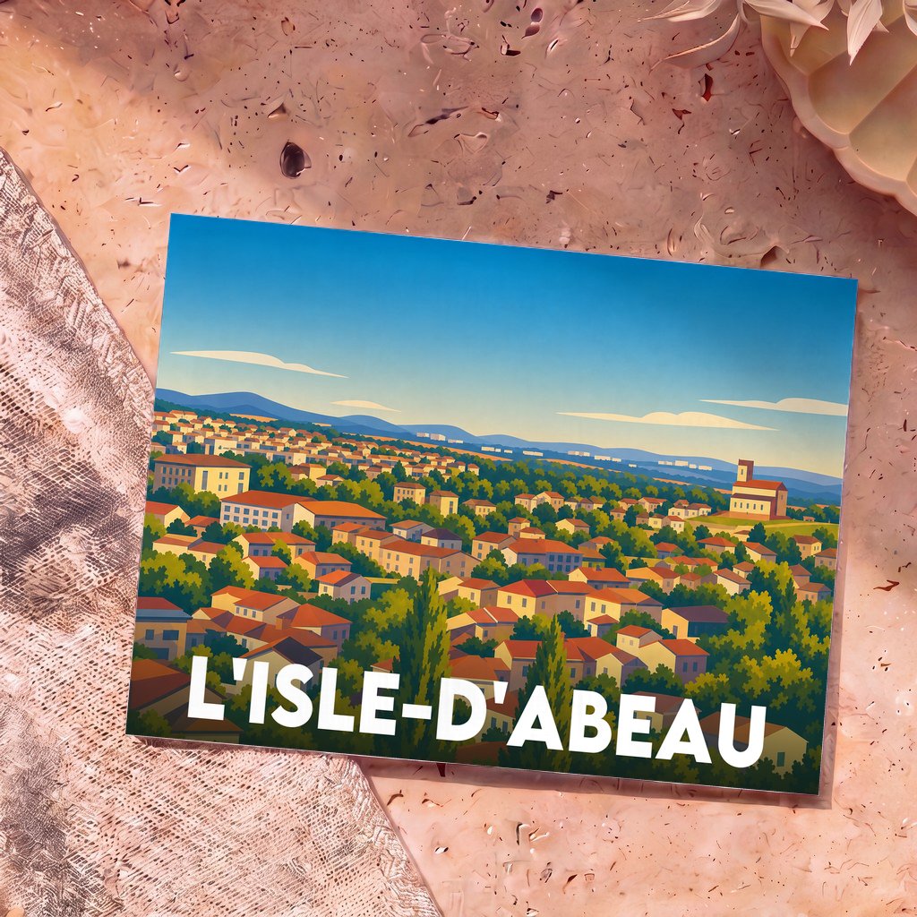 Carte postale souvenir de la ville de L'Isle-d'Abeau avec une illustration panoramique stylisée.