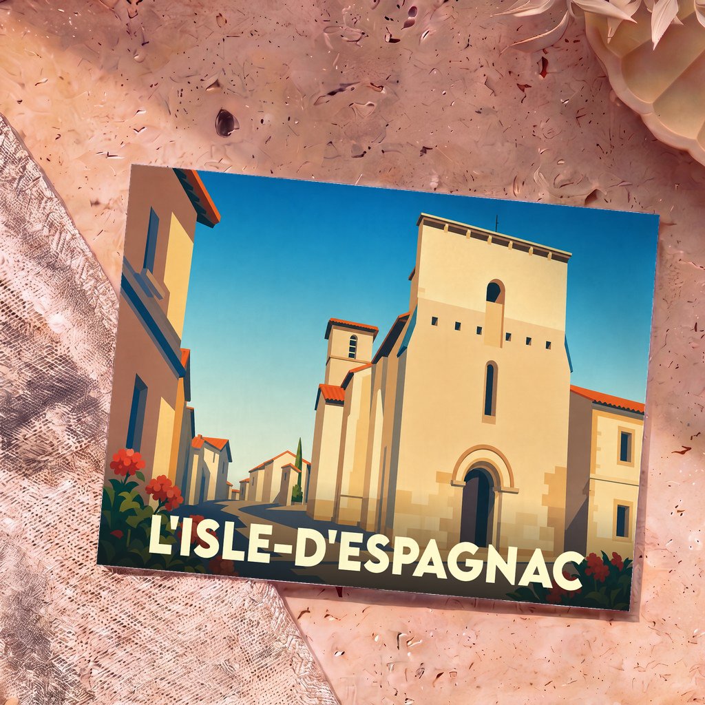 Carte postale souvenir de la ville de L'Isle-d'Espagnac avec une illustration stylisée de son église romane.
