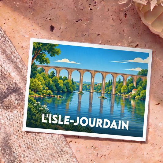 Carte postale souvenir de L'Isle-Jourdain illustrant son viaduc surplombant la rivière dans un style graphique épuré.