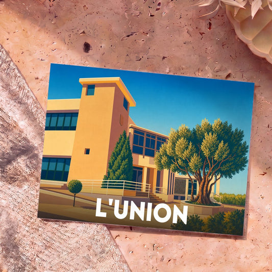 Carte postale souvenir de la ville de L'Union avec une illustration stylisée de son architecture et de sa végétation.