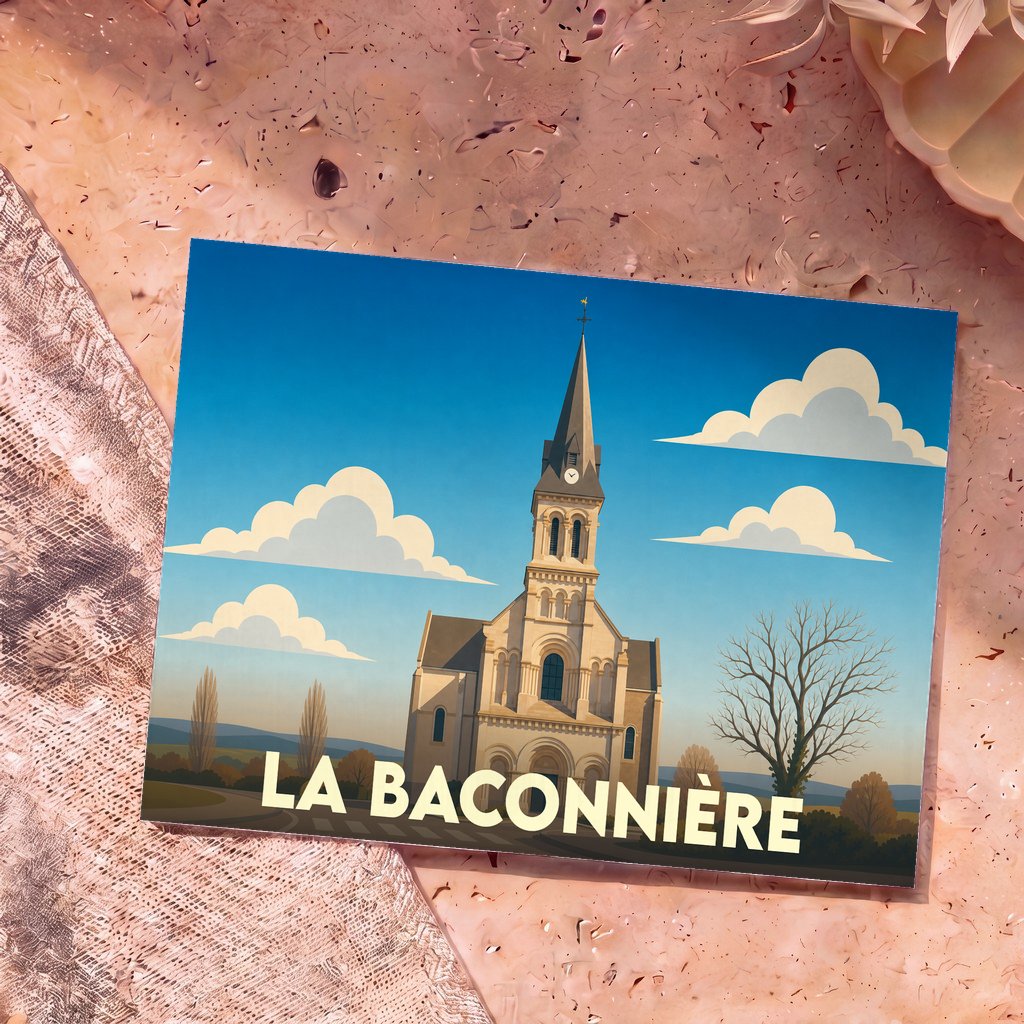 Carte postale souvenir de la ville de La Baconnière avec une illustration stylisée de son église.