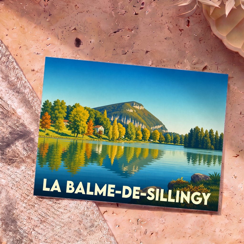 Carte postale souvenir de la ville de La Balme-de-Sillingy avec une illustration stylisée de son lac et des montagnes.