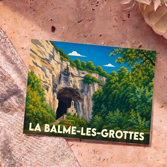 Carte postale souvenir de la ville de La Balme-les-Grottes avec une illustration stylisée de sa célèbre grotte et de sa petite chapelle nichée dans la falaise.