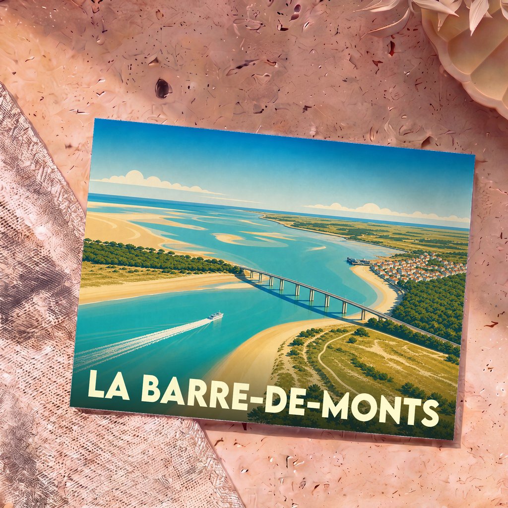 Carte postale souvenir de la ville de La Barre-de-Monts avec une illustration stylisée du pont de Noirmoutier et de la côte vendéenne.