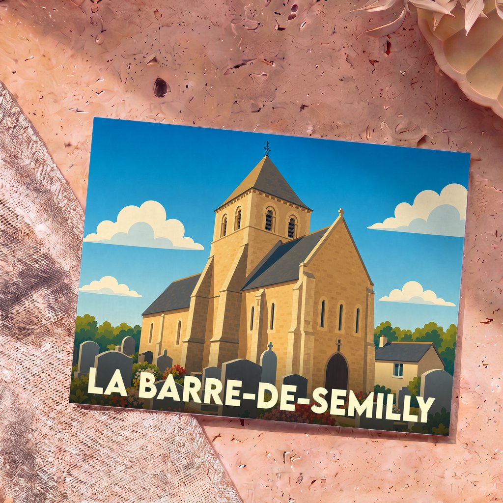 Carte postale souvenir de la ville de La Barre-de-Semilly avec une illustration stylisée de son église et de son cimetière.