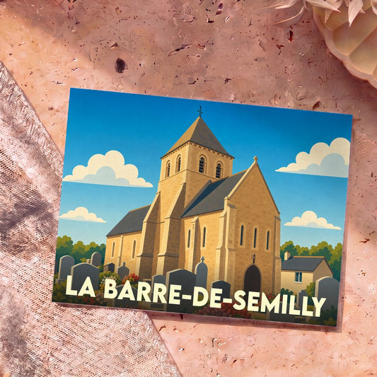 Carte postale souvenir de la ville de La Barre-de-Semilly avec une illustration stylisée de son église et de son cimetière.