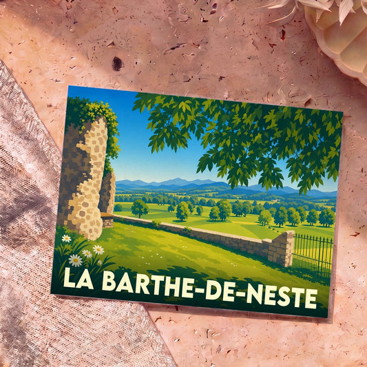Carte postale souvenir de la ville de La Barthe-de-Neste avec une illustration stylisée d'un paysage de campagne.
