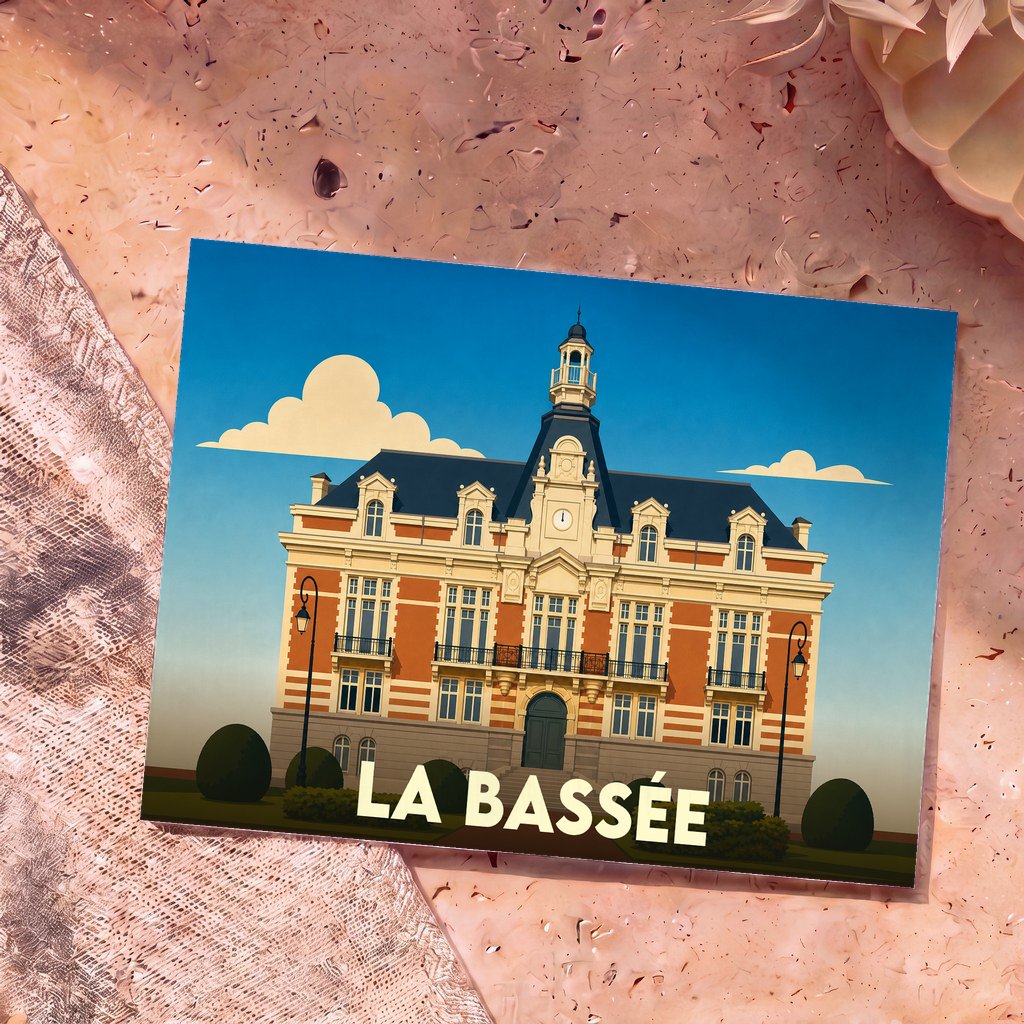 Carte postale souvenir de la ville de La Bassée avec une illustration stylisée de son hôtel de ville.