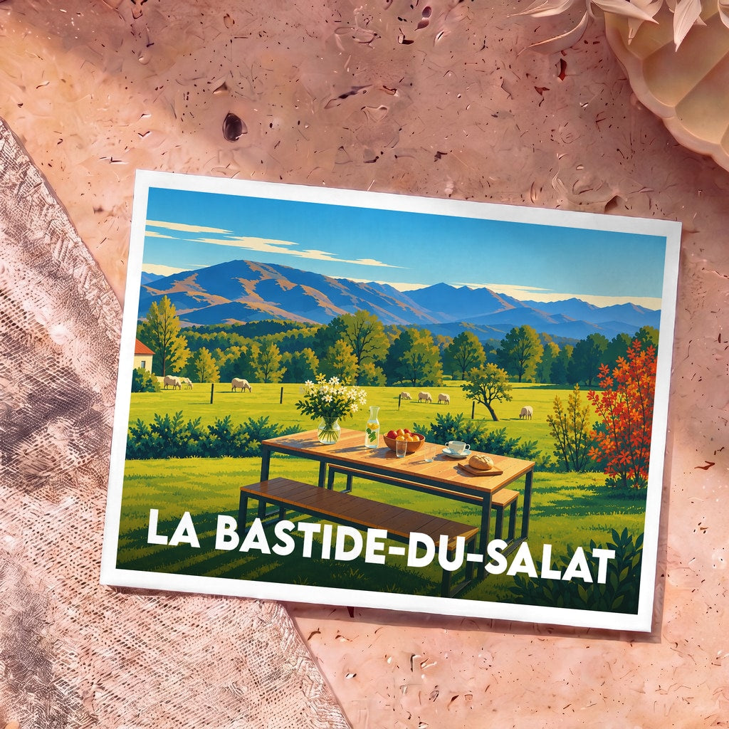 Carte postale souvenir de la ville de La Bastide-du-Salat avec une illustration stylisée de paysages montagneux et champêtres.