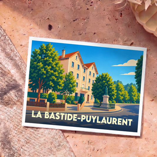 Carte postale souvenir de la ville de La Bastide-Puylaurent avec une illustration stylisée d'un bâtiment et d'une statue.