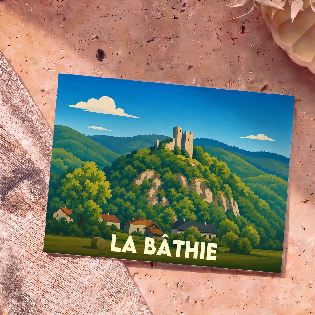 Carte postale souvenir de la ville de La Bâthie arborant une illustration stylisée de son château médiéval niché dans un paysage verdoyant.