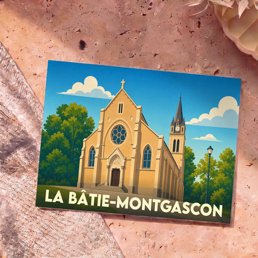 Carte postale souvenir de la ville de La Bâtie-Montgascon illustrant son église avec un style graphique épuré.