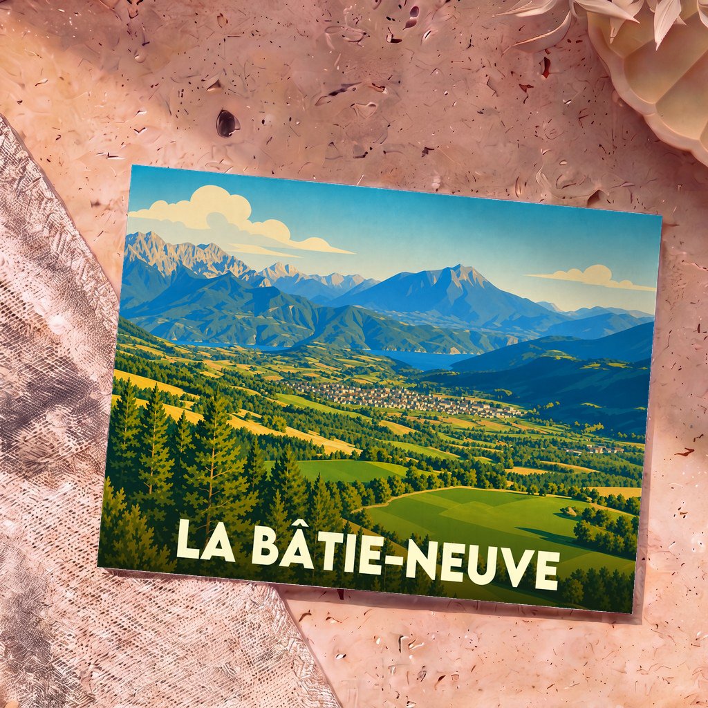 Carte postale souvenir de la ville de La Bâtie-Neuve illustrant un paysage de montagnes et de vallées verdoyantes dans un style rétro.