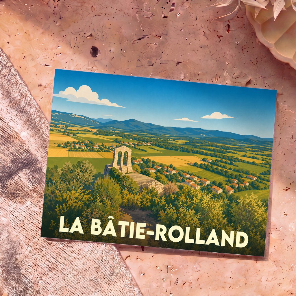 Carte postale souvenir de la ville de La Bâtie-Rolland avec une illustration panoramique de sa campagne.