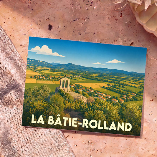 Carte postale souvenir de la ville de La Bâtie-Rolland avec une illustration panoramique de sa campagne.