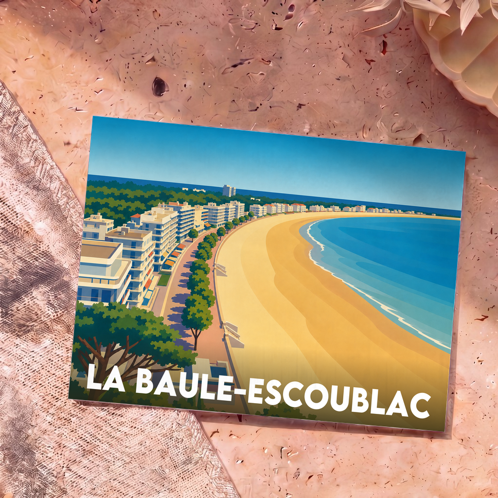Carte postale souvenir de la ville de La Baule-Escoublac avec une illustration stylisée de sa plage en arc de cercle.