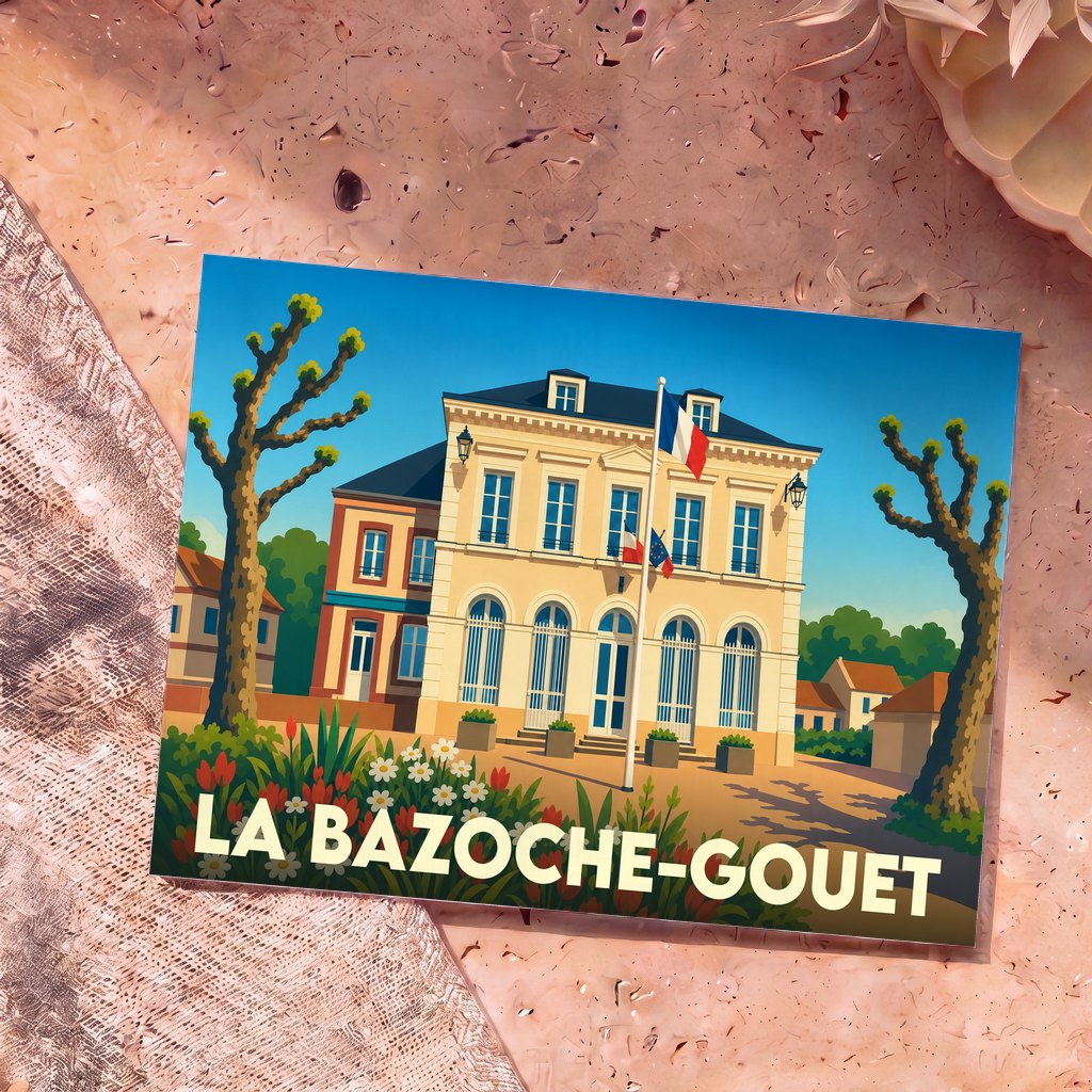 Carte postale souvenir de la ville de La Bazoche-Gouet illustrant sa mairie dans un style graphique épuré.