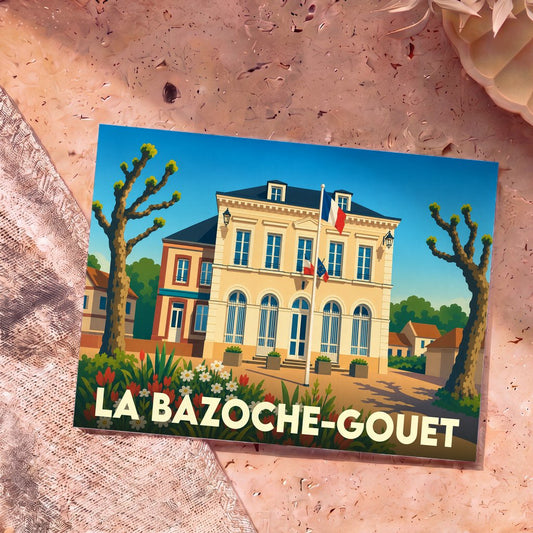 Carte postale souvenir de la ville de La Bazoche-Gouet illustrant sa mairie dans un style graphique épuré.