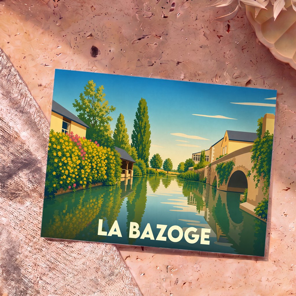 Carte postale souvenir de la ville de La Bazoge avec une illustration stylisée d'un paysage fluvial.