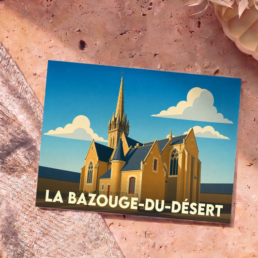 Carte postale souvenir de la ville de La Bazouge-du-Désert avec une illustration stylisée de son église.