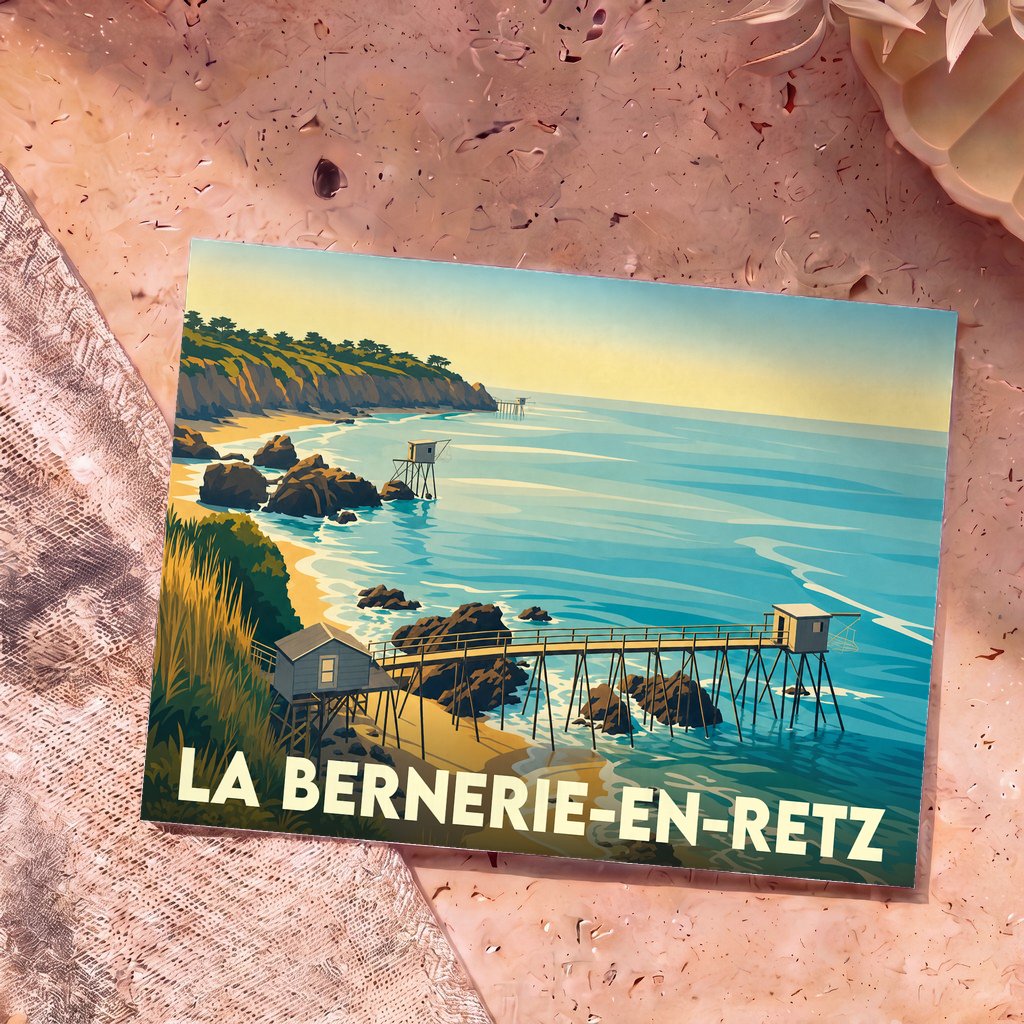 Carte postale souvenir de La Bernerie-en-Retz illustrant ses pêcheries emblématiques sur pilotis.