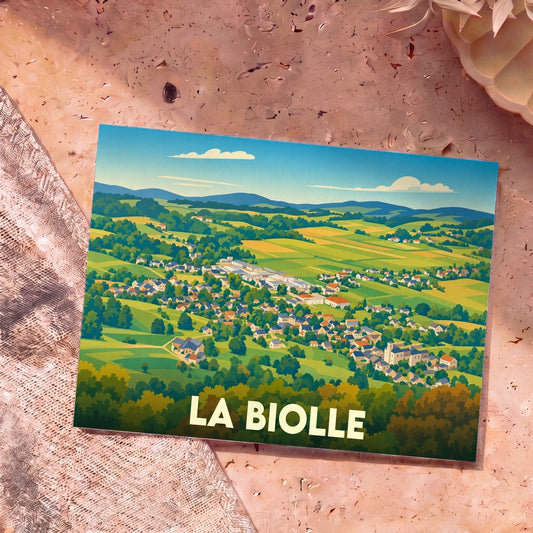 Carte postale souvenir de la ville de La Biolle avec une illustration stylisée de son paysage vallonné.