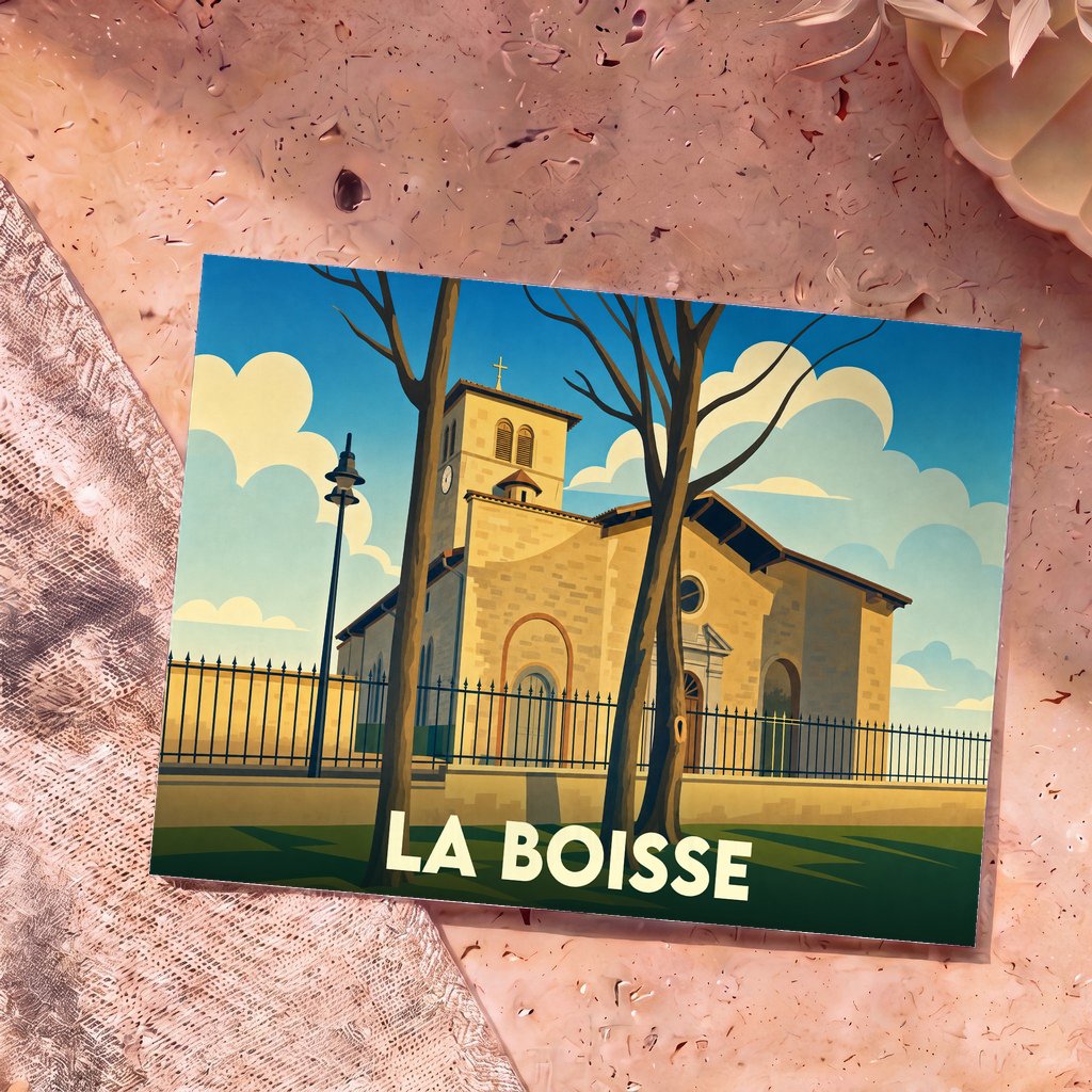 Carte postale souvenir de la ville de La Boisse illustrant son église dans un style graphique épuré.