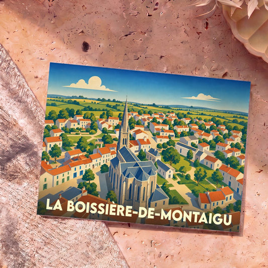 Carte postale souvenir de la ville de La Boissière-de-Montaigu avec une illustration stylisée vue du ciel.