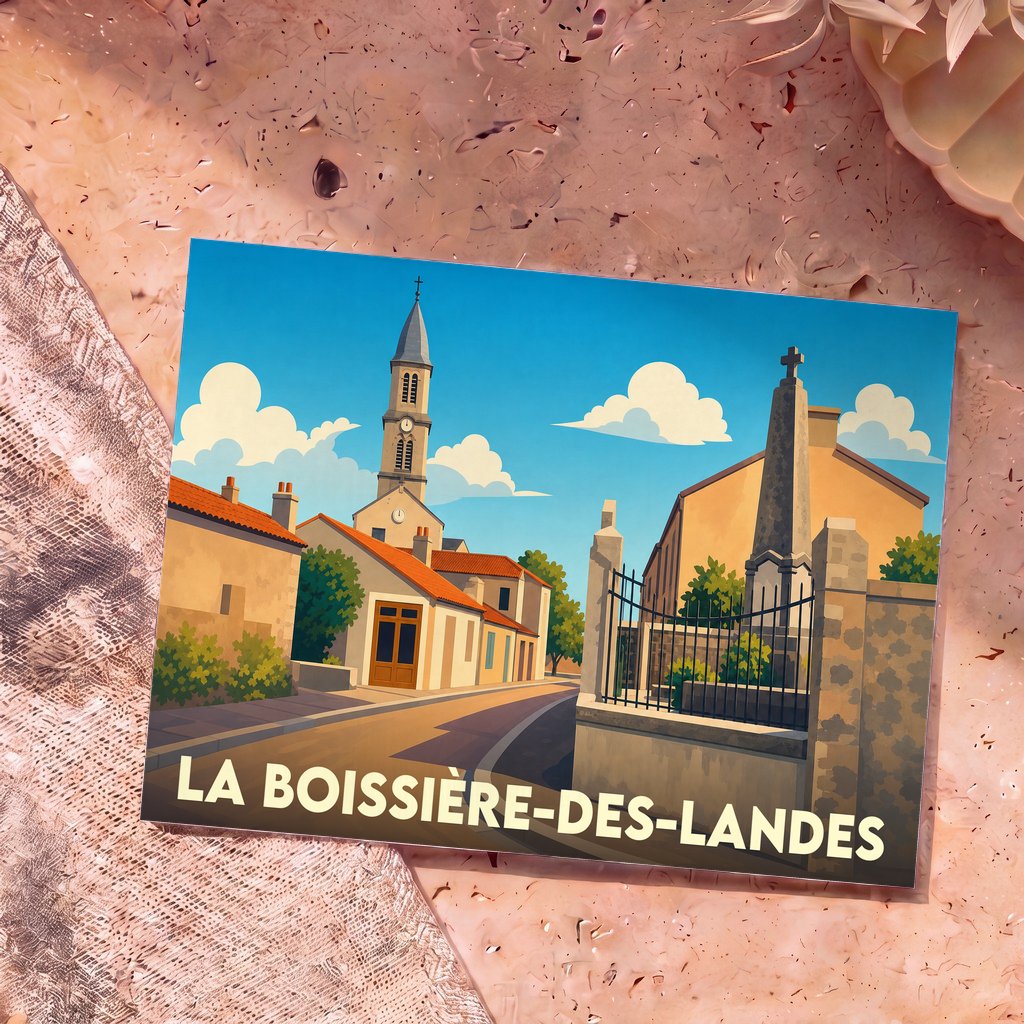 Carte postale souvenir de la ville de La Boissière-des-Landes avec une illustration stylisée de son église et de ses rues.