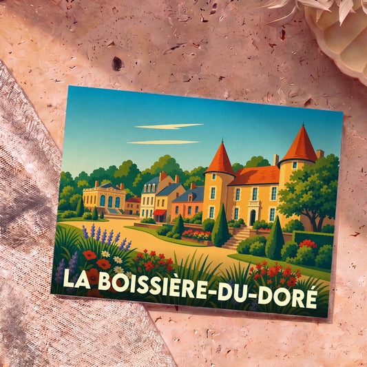 Carte postale souvenir de la ville de La Boissière-du-Doré avec une illustration stylisée de son patrimoine architectural et de ses jardins fleuris.