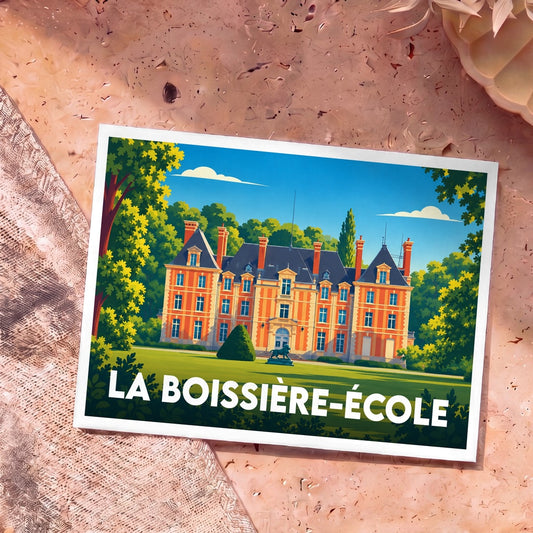 Carte postale souvenir de la ville de La Boissière-École illustrant son château dans un style graphique coloré.