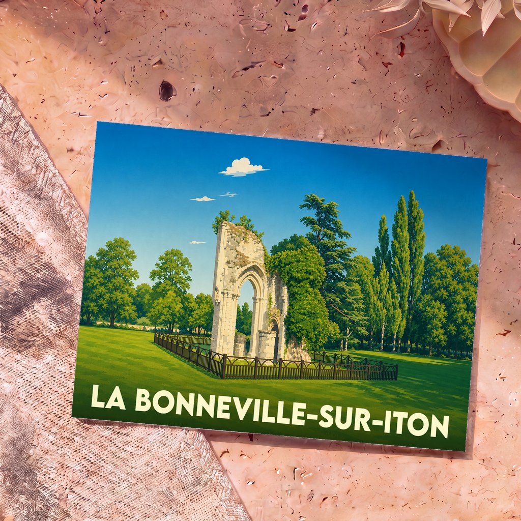 Carte postale souvenir de la ville de La Bonneville-sur-Iton illustrant les ruines de son abbaye dans un style graphique épuré.