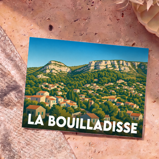 Carte postale souvenir de la ville de La Bouilladisse avec une illustration stylisée de ses collines et de ses maisons provençales.