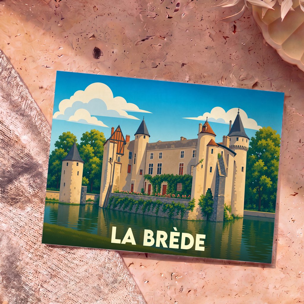 Carte postale souvenir de la ville de La Brède avec une illustration stylisée de son château.