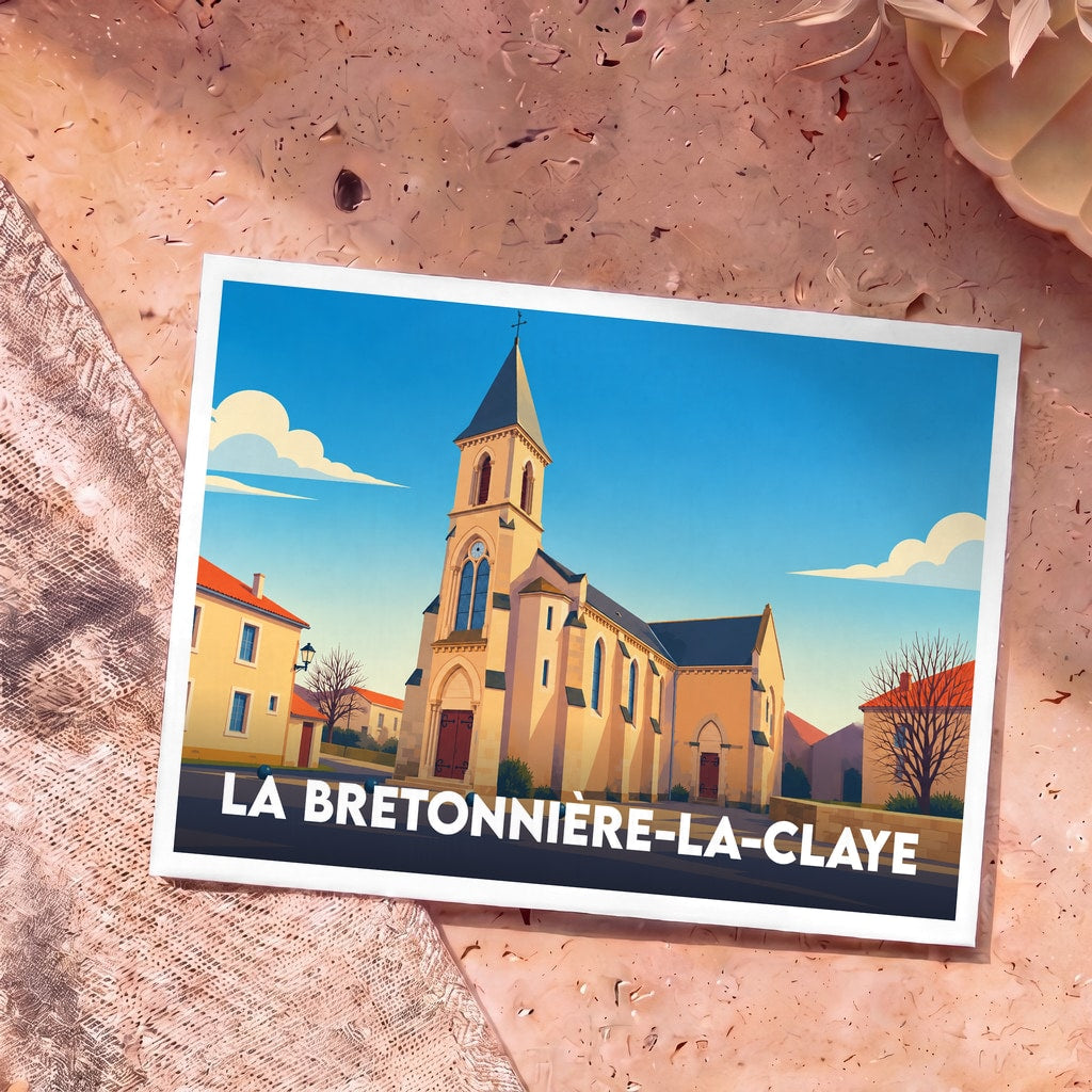 Carte postale souvenir de la ville de La Bretonnière-la-Claye avec une illustration stylisée de son église sous un ciel bleu.