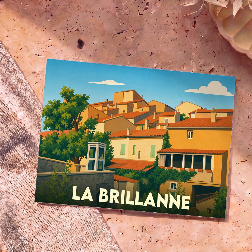 Carte postale souvenir de la ville de La Brillanne avec une illustration stylisée de ses maisons provençales.
