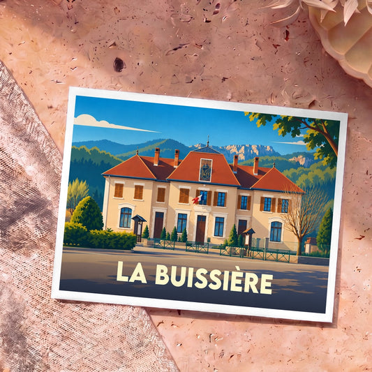 Carte postale souvenir de la ville de La Buissière avec une illustration stylisée de sa mairie devant un paysage de montagnes.