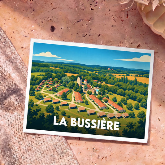 Carte postale souvenir de la ville de La Bussière avec une illustration stylisée d'un village verdoyant.