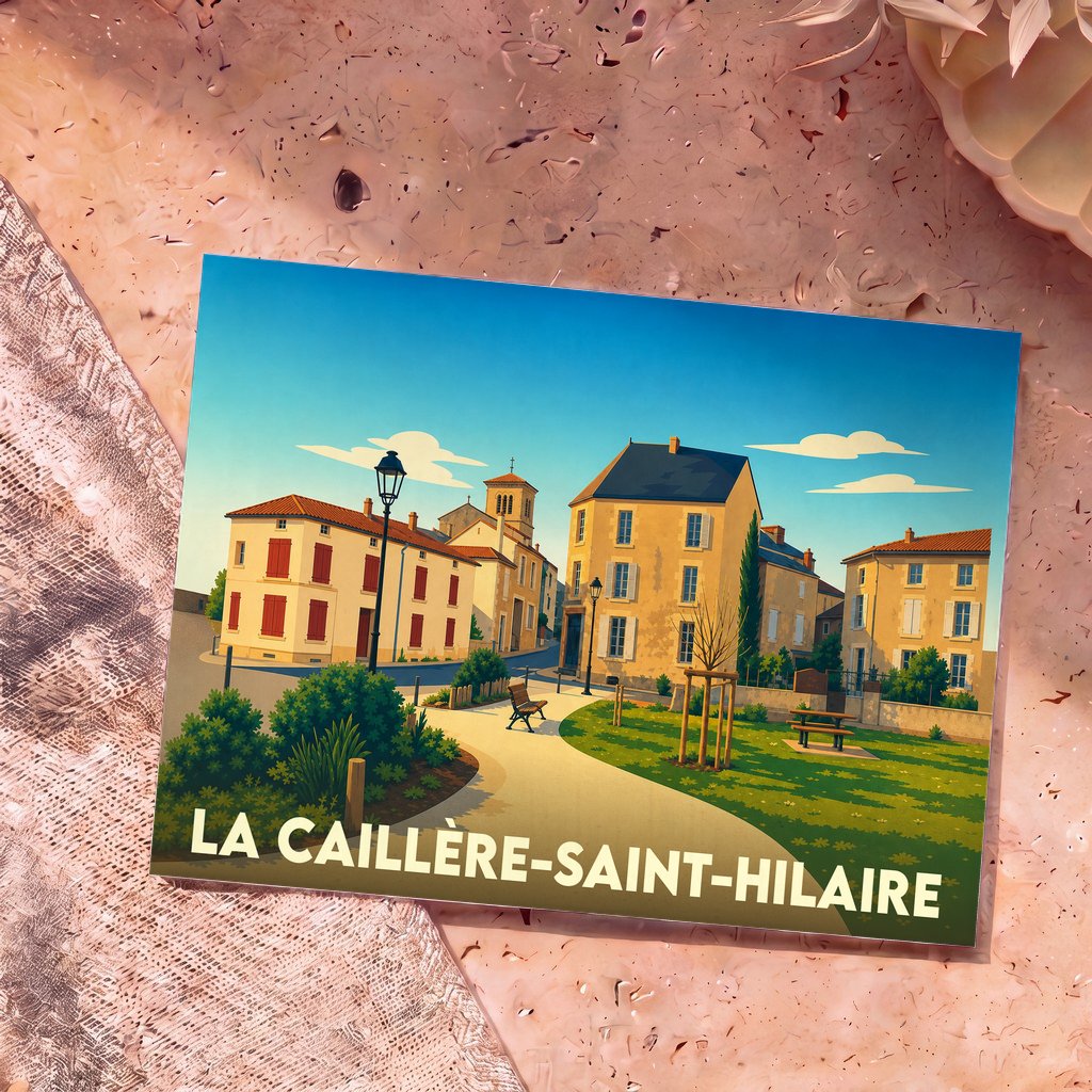 Carte postale souvenir de la ville de La Caillère-Saint-Hilaire avec une illustration stylisée d'une place ensoleillée.