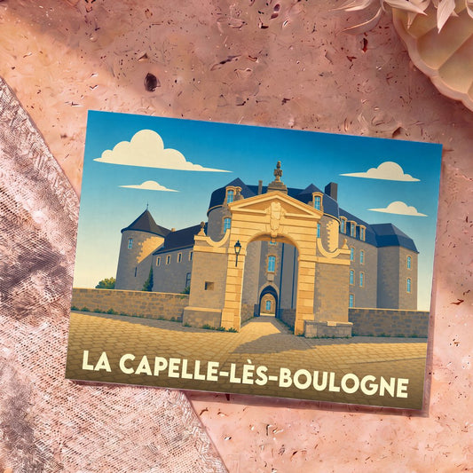 Carte postale souvenir de la ville de La Capelle-lès-Boulogne avec une illustration stylisée de son château.