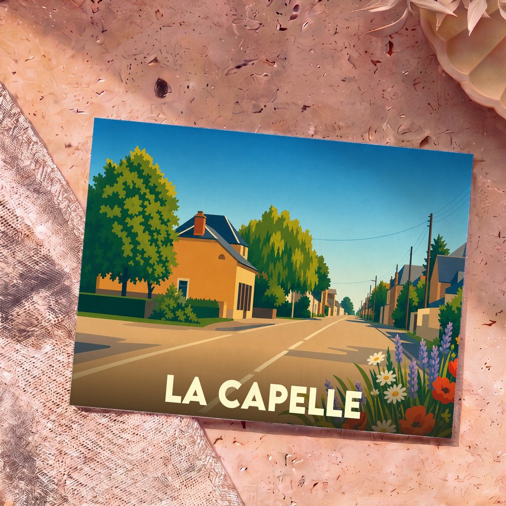 Carte postale souvenir de la ville de La Capelle avec une illustration stylisée d'une rue ensoleillée.