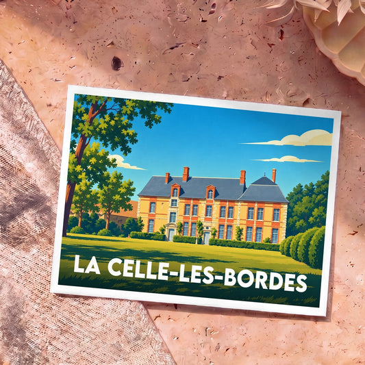 Carte postale souvenir de la ville de La Celle-les-Bordes avec une illustration stylisée d'un château.