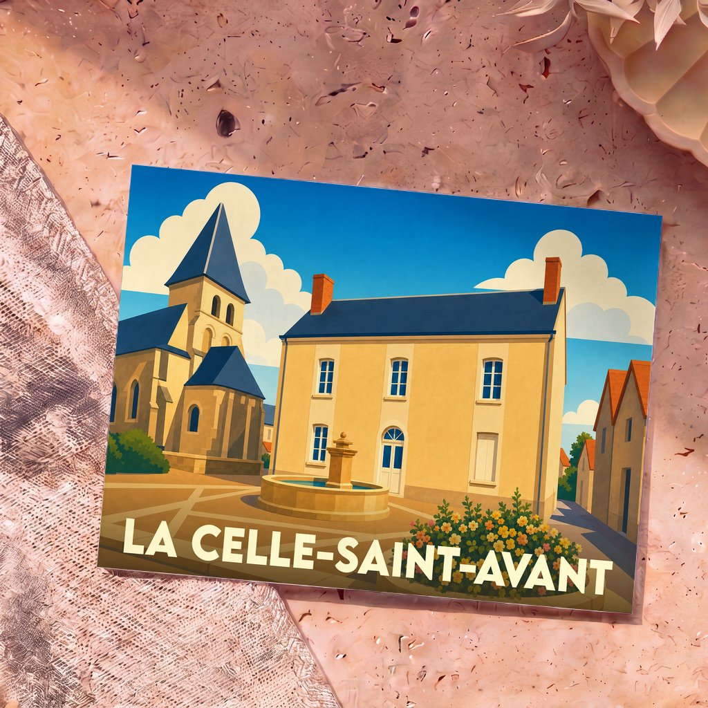 Carte postale souvenir de la ville de La Celle-Saint-Avant avec une illustration stylisée.