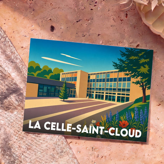 Carte postale souvenir de la ville de La Celle-Saint-Cloud avec une illustration stylisée de son architecture moderne.
