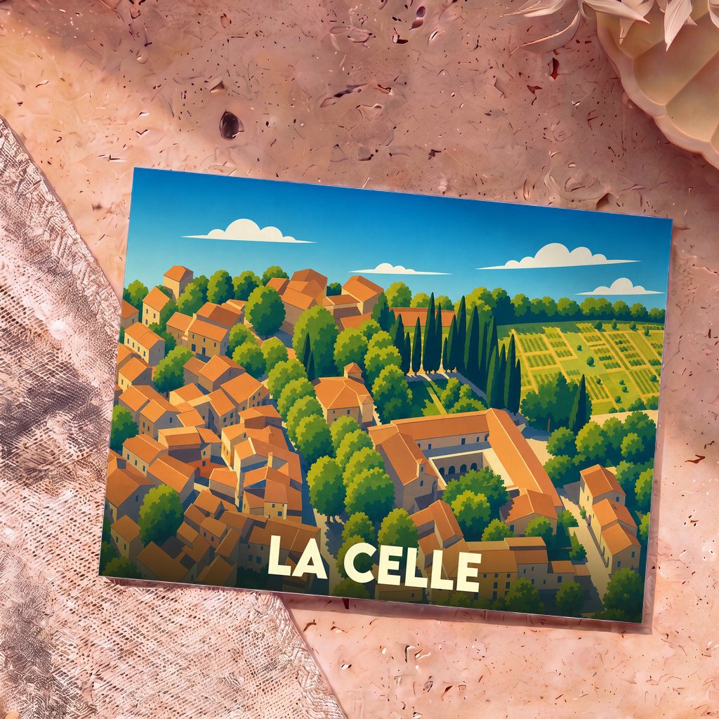 Carte postale souvenir de la ville de La Celle avec une illustration stylisée d'un village provençal.