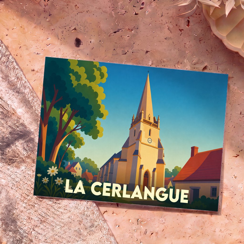 Carte postale souvenir de la ville de La Cerlangue avec une illustration stylisée de son église et de sa nature environnante.